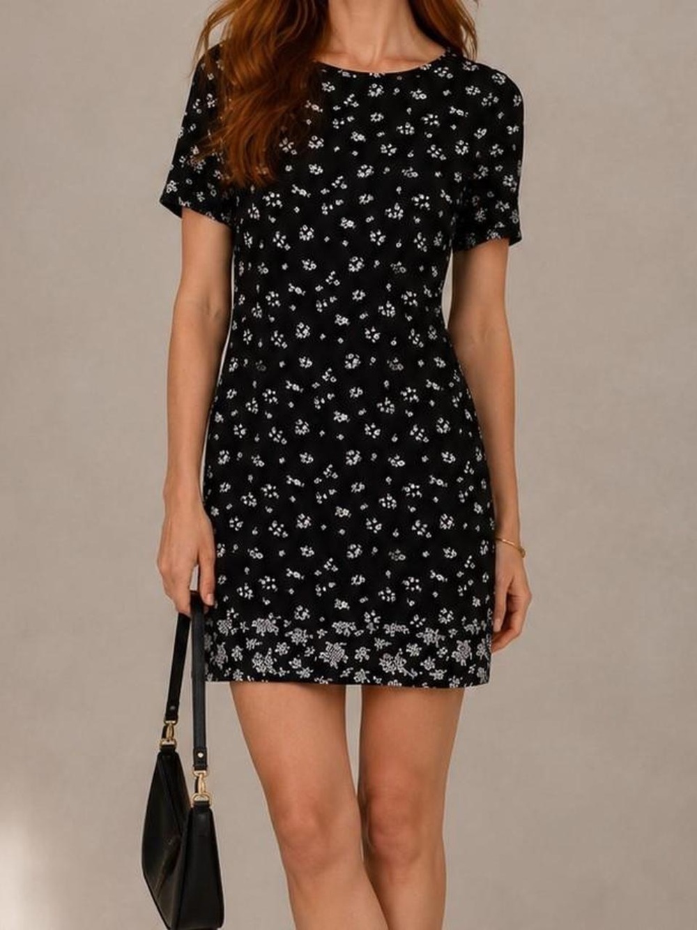 Michael Kors Black Midi Dress with White Floral Print